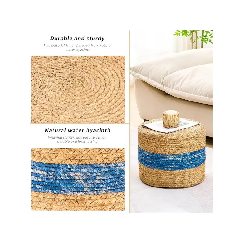 مقعد قدم منسوج يدويًا، مسند صفير الماء الطبيعي لديكور المنزل والجلوس باللون الأزرق