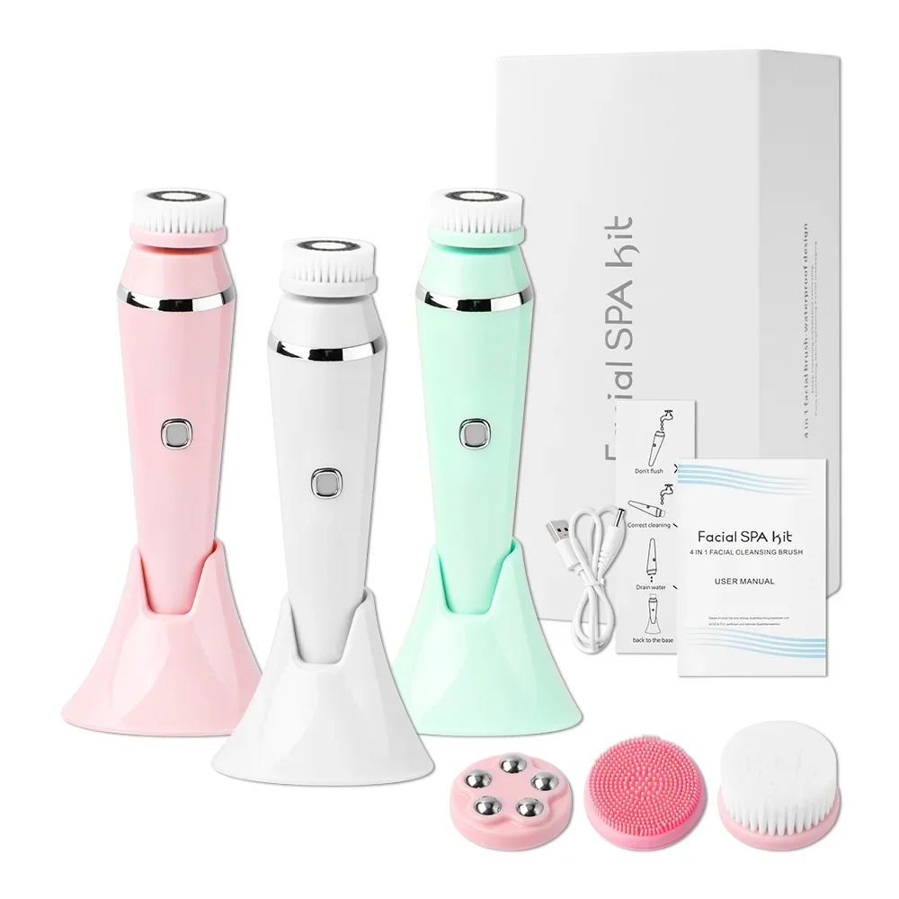 4 في 1 فرشاة تنظيف الوجه الكهربائية سونيك مقاوم للماء تدوير قابلة للشحن جهاز تنظيف الوجه منظف المسام أدوات العناية بالبشرة #1