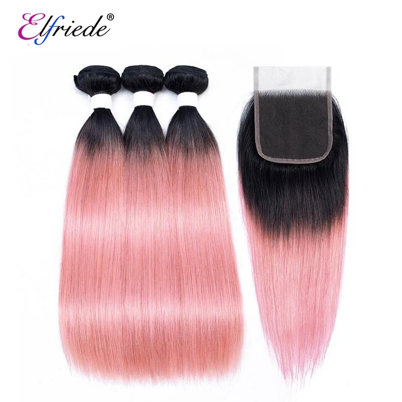 Ombre Pacotes de cabelo reto com fecho, 100% Remy cabelo humano, costurar em tramas, 3 Pacotes com fecho de renda, 1B e Gold Pink, 4x4