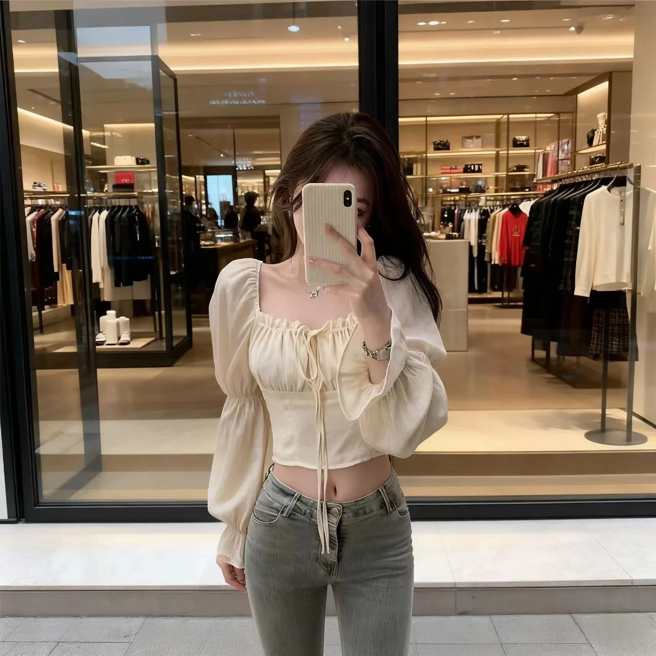 Princess Style Short Length Long Sleeve Thin Floral Sexy Square Collar Bubble Design Top for Women Fashionable Casual T-Shirt