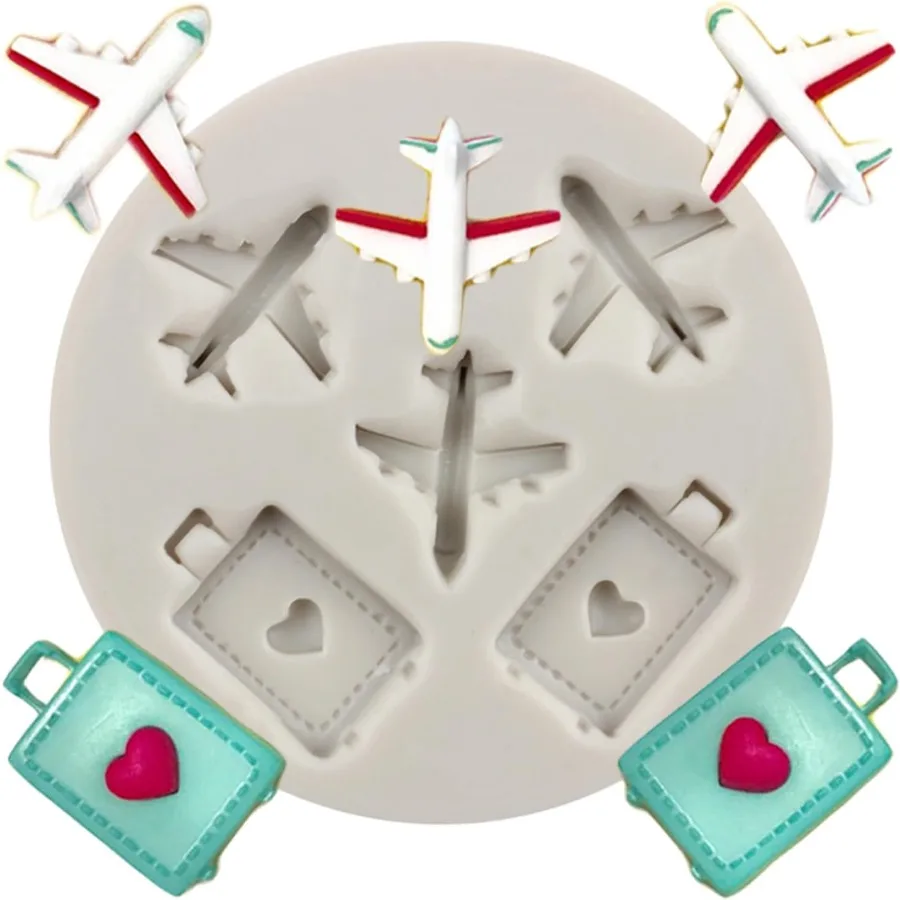 Moldes de silicona para avión, bolsa de equipaje de viaje, moldes para Fondant, molde temático de viajero de vacaciones para pastel, decoración de magdalenas, caramelo, Choco