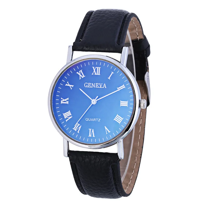 Nuevo reloj Geneva para hombre con números romanos Blu-Ray, correa de piel sintética, relojes de cuarzo, relojes de pulsera analógicos de negocios,