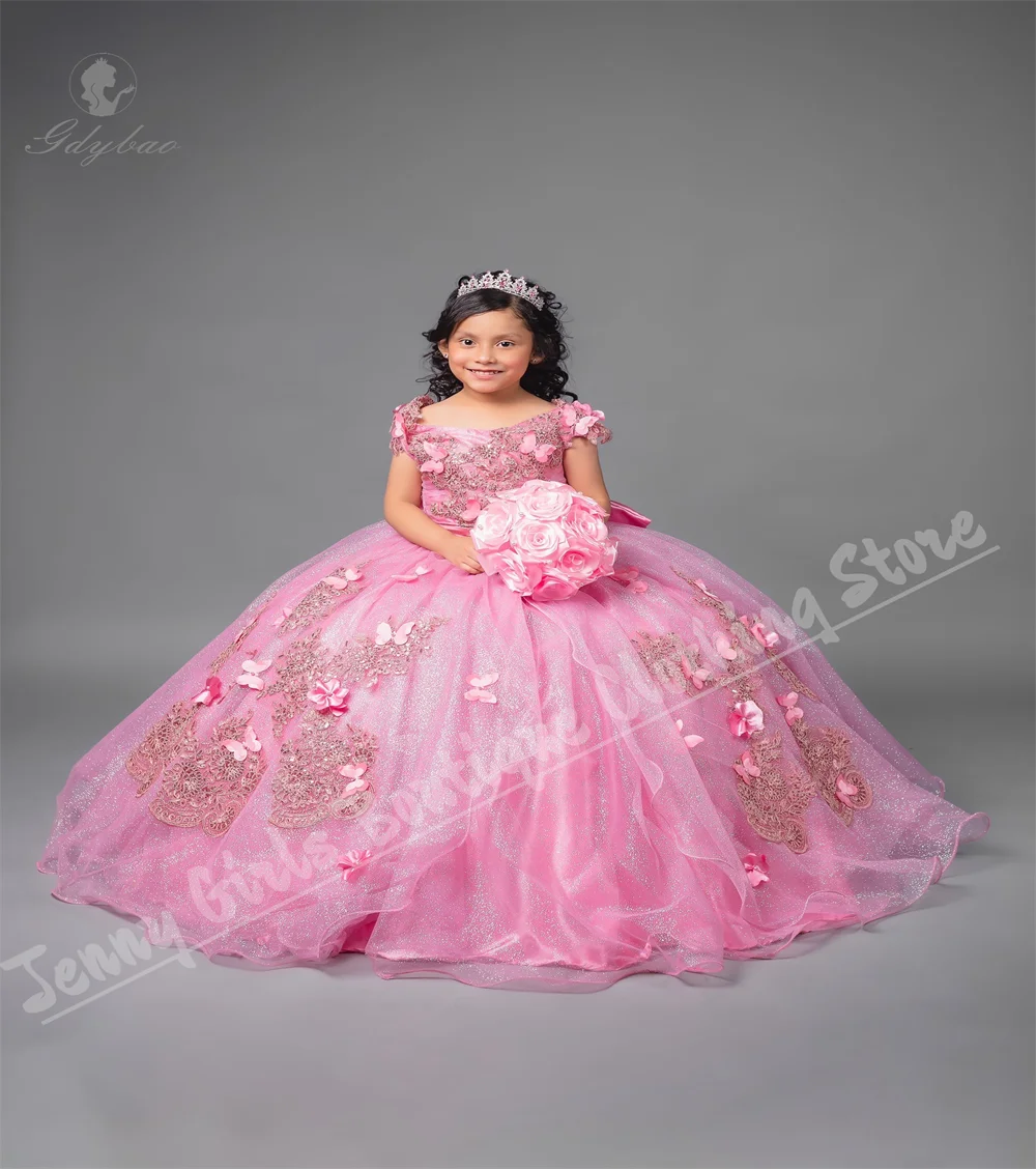 

Розовое платье с цветочным узором для девочек с пышной аппликацией в виде бабочки, свадебное праздничное вечернее платье для детей, красивый наряд для девочек