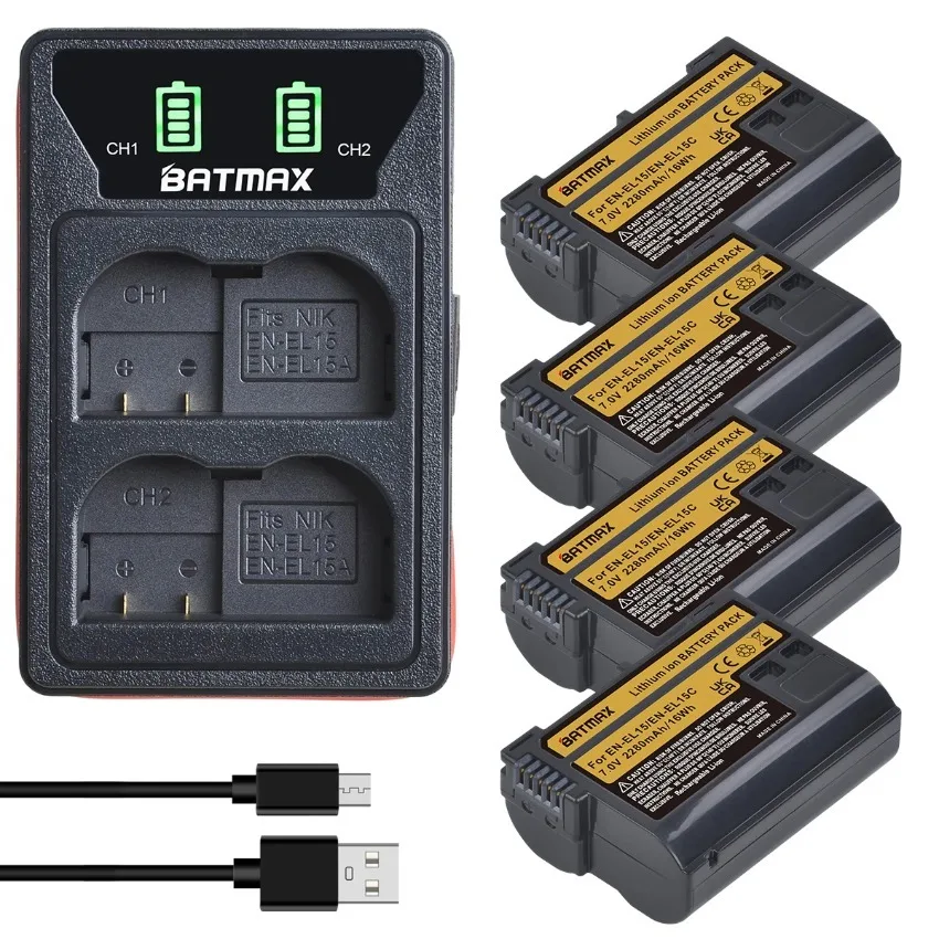 EN-EL15C EN EL15 Camera Batteries with LED Dual Charger for Nikon Z5, Z6, Z6 II, Z7, Z7II D780, D850, D7500, D500, D600 Battery