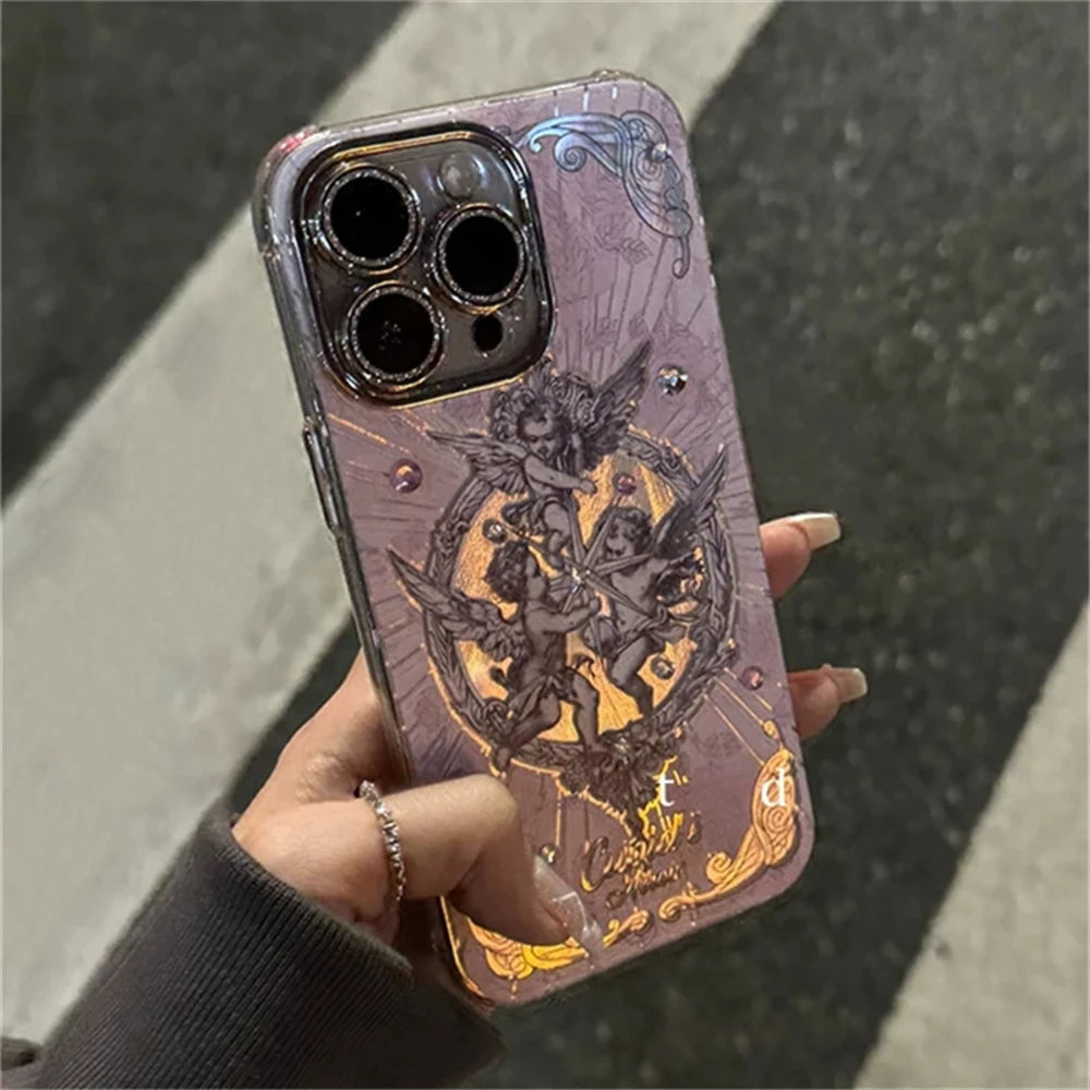 Retro European Cupid Angel Aurora Laser Phone Case For iPhone 16 15 14 13 12 Pro Max INS Glitter Lens Protect Cover Luxury Funda