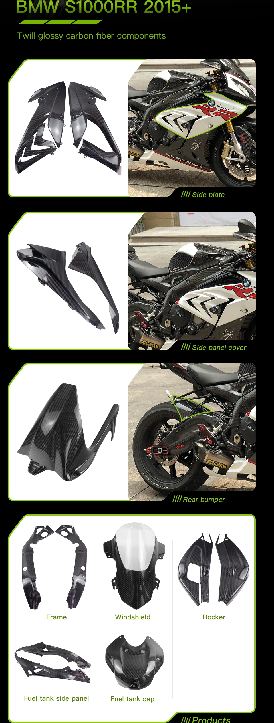 Für BMW S1000RR 2015 Carbon-Faser Zubehör Rahmen Windschutzscheibe Seitenverkleidung Heckstoßstange Tankdeckel-Set – Detail 2