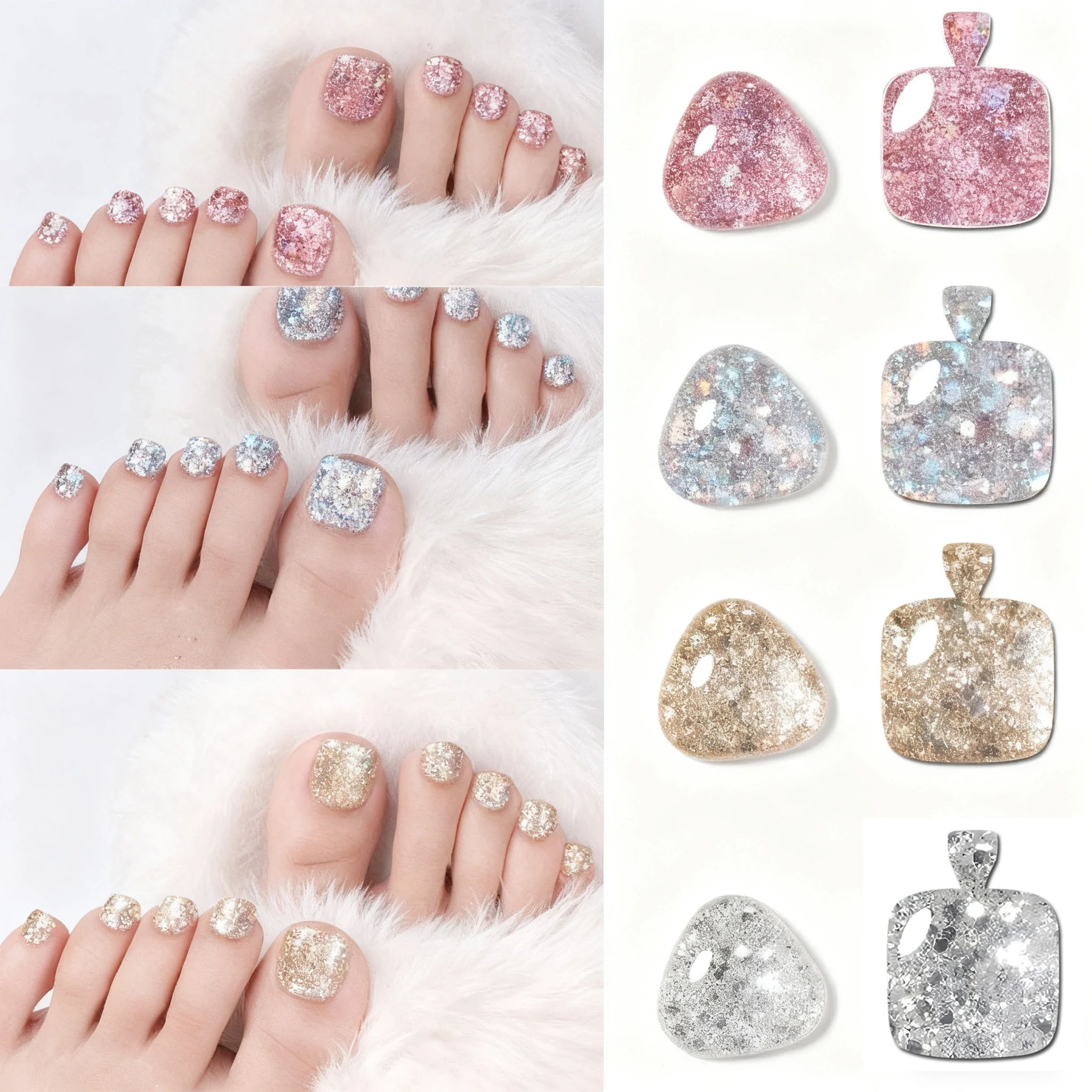 96PCS Flash Combination Toenail Press Design, Fashionable And Reusable Acrylic Fake Toenail As A Gift