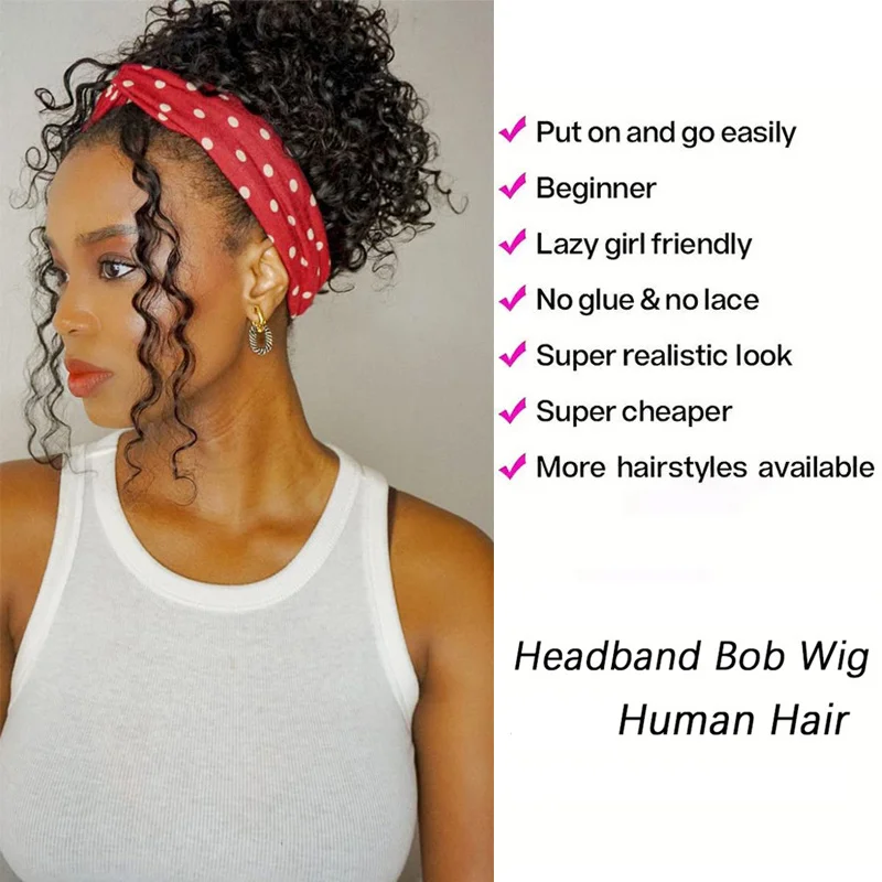 Afro Kinky Curly Headband Bob Wig 100% Human Hair Short Bob Wigs for Women Friendly,Machine Made Headband Wigs Lightweight