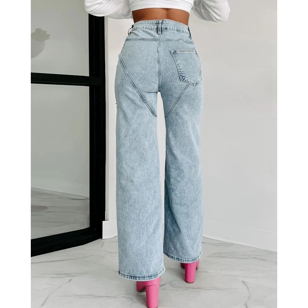 Jeans a vita alta con gamba dritta ritagliata con decorazioni in strass lavati Pantaloni vintage in denim casual per donna