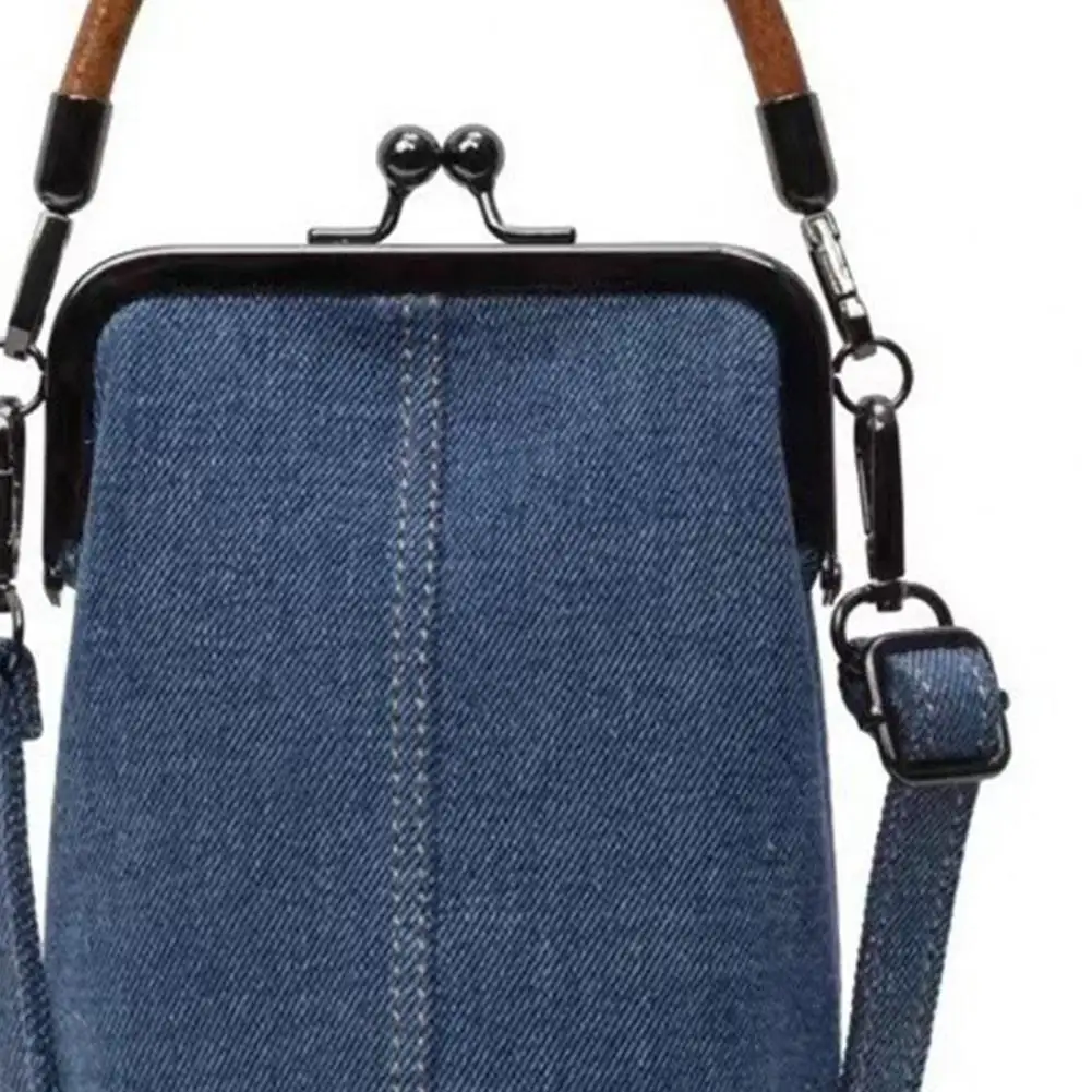 Women Kiss-lock Purse Crossbody Denim Crossbody Phone Pouch with Kiss-lock Closure Retro Handbag with Top Handle for Parties