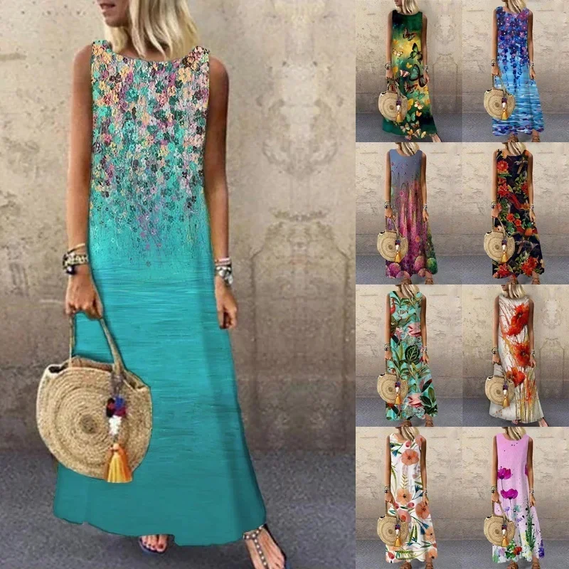 New Dresses for Women Elegant Floral Sleeveless Skirt Knee Length Artistic Sense Casual Beach Dress Off Shoulder LongStyle Dress