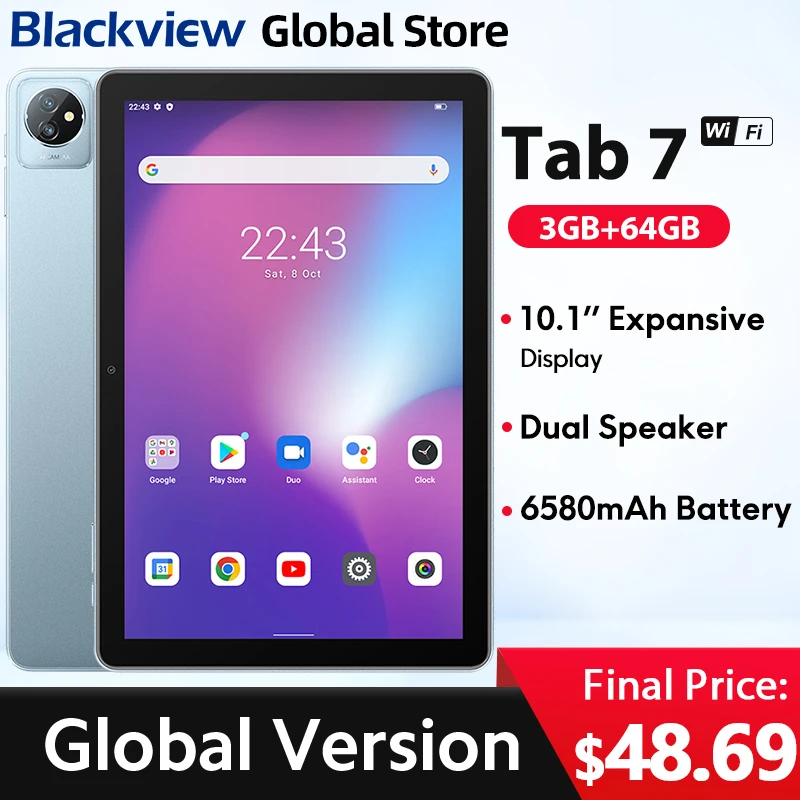 تابلت Blackview Tab 7 WIFI 10.1 بوصة HD+ شاشة 5 جيجابايت (3+2 توسيع) ذاكرة الوصول العشوائي 64 جيجابايت ROM 6580 مللي أمبير في الساعة بطارية أندرويد 12 شاشة تعمل باللمس