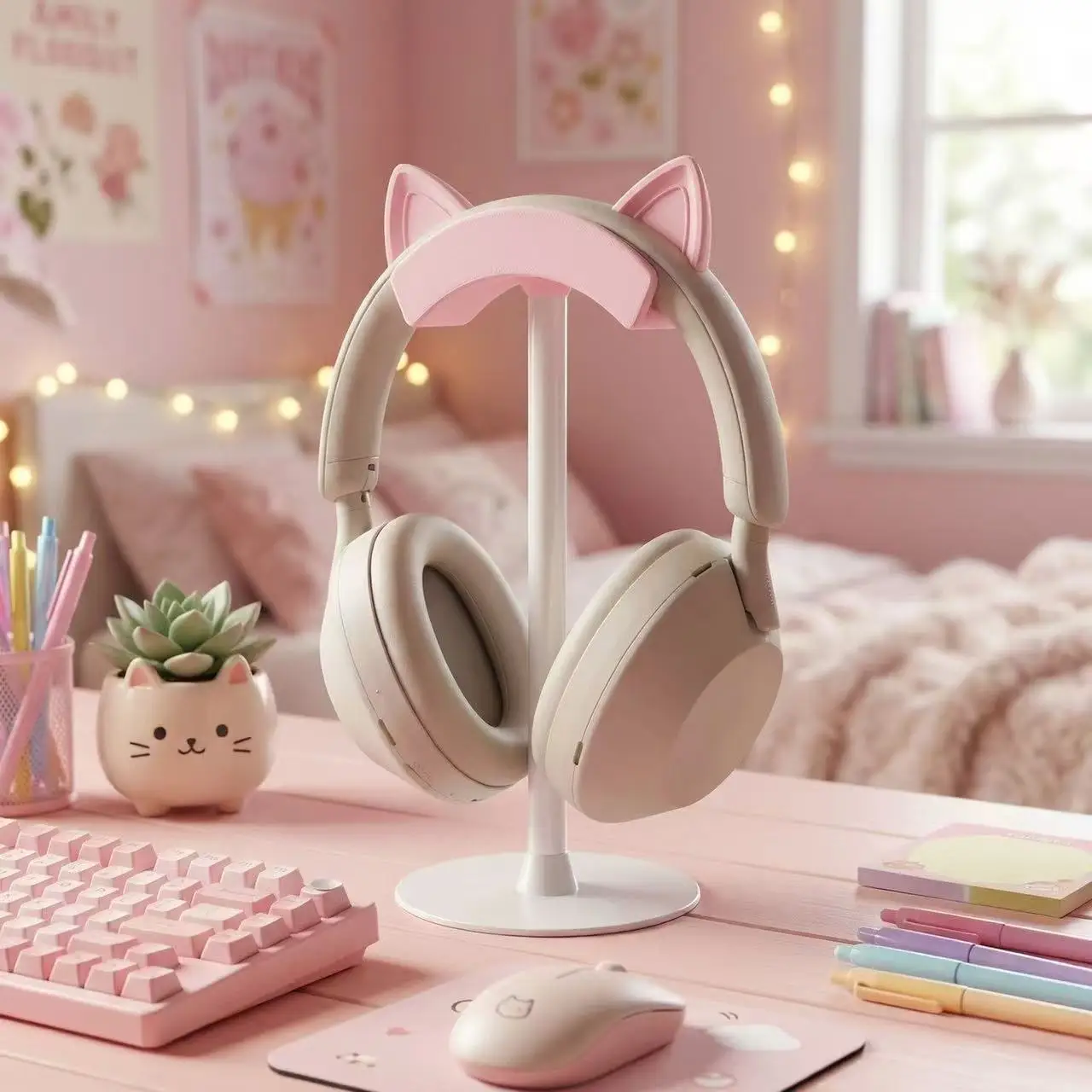 Ins Cute Korean-style Headphone Stand New Girl Pink Gaming Headset Holder Over-ear Hanger Desktop Storage and Display Cute Gift image 2