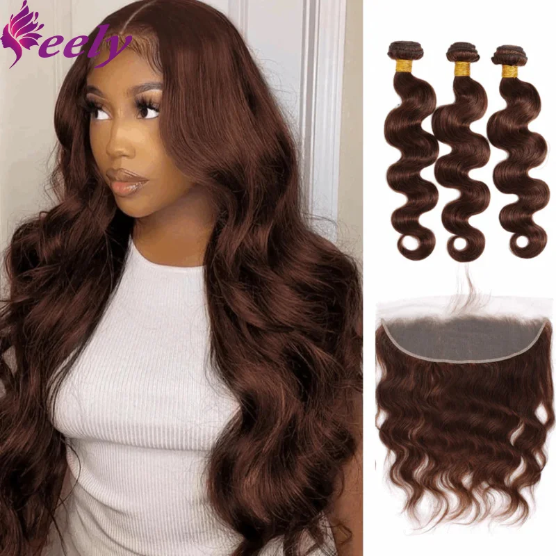 

Body Wave Human Hair Bundles #4 Brown Color Human Hair Bundles With Closure 13x4 Lace Frontal Extensions 28 30 Inch For Woman