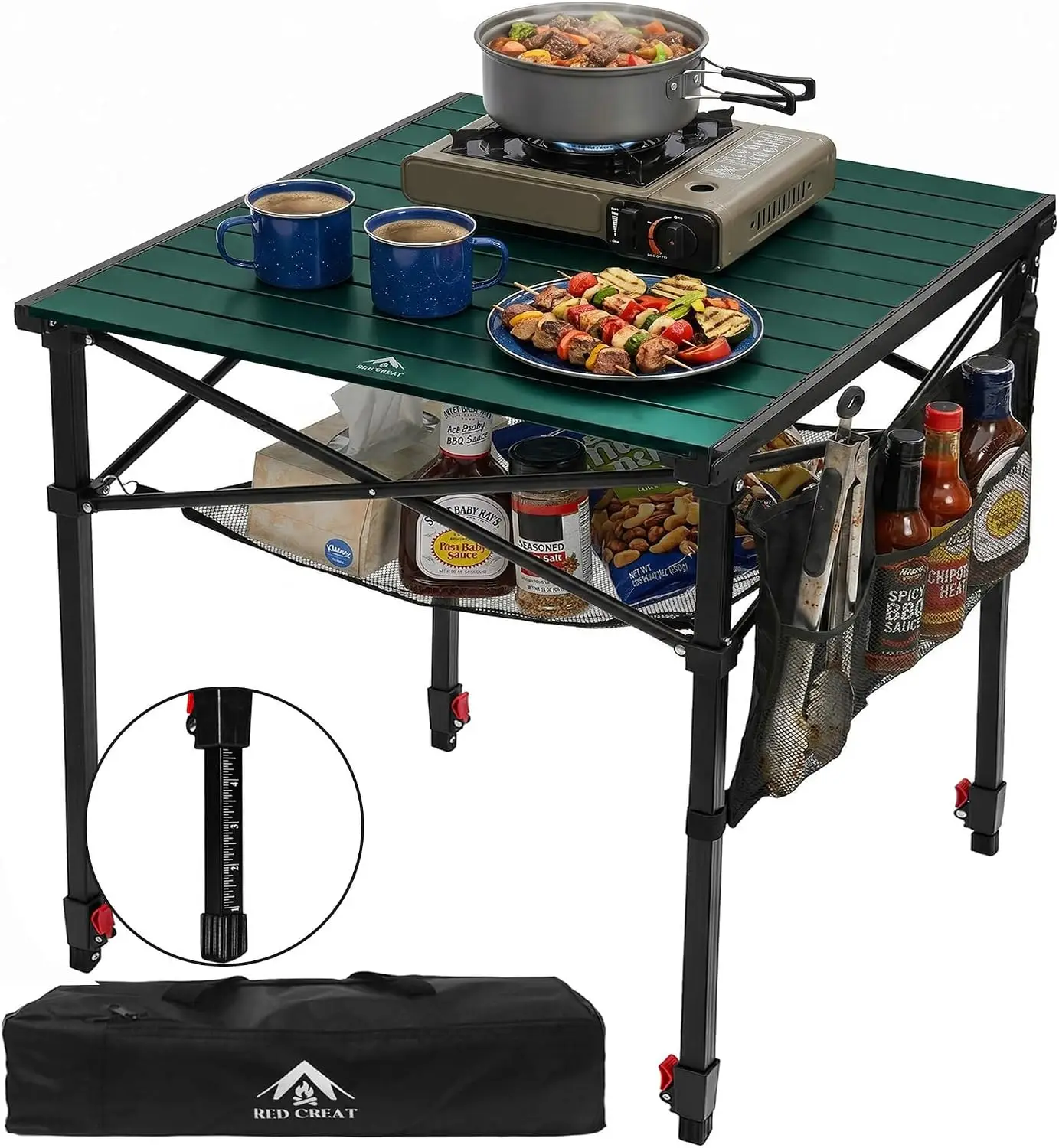 Portable Folding Camping Table Lightweight with Adjustable Height | Aluminum Roll-Up Camp Table with Storage Pockets & Carry