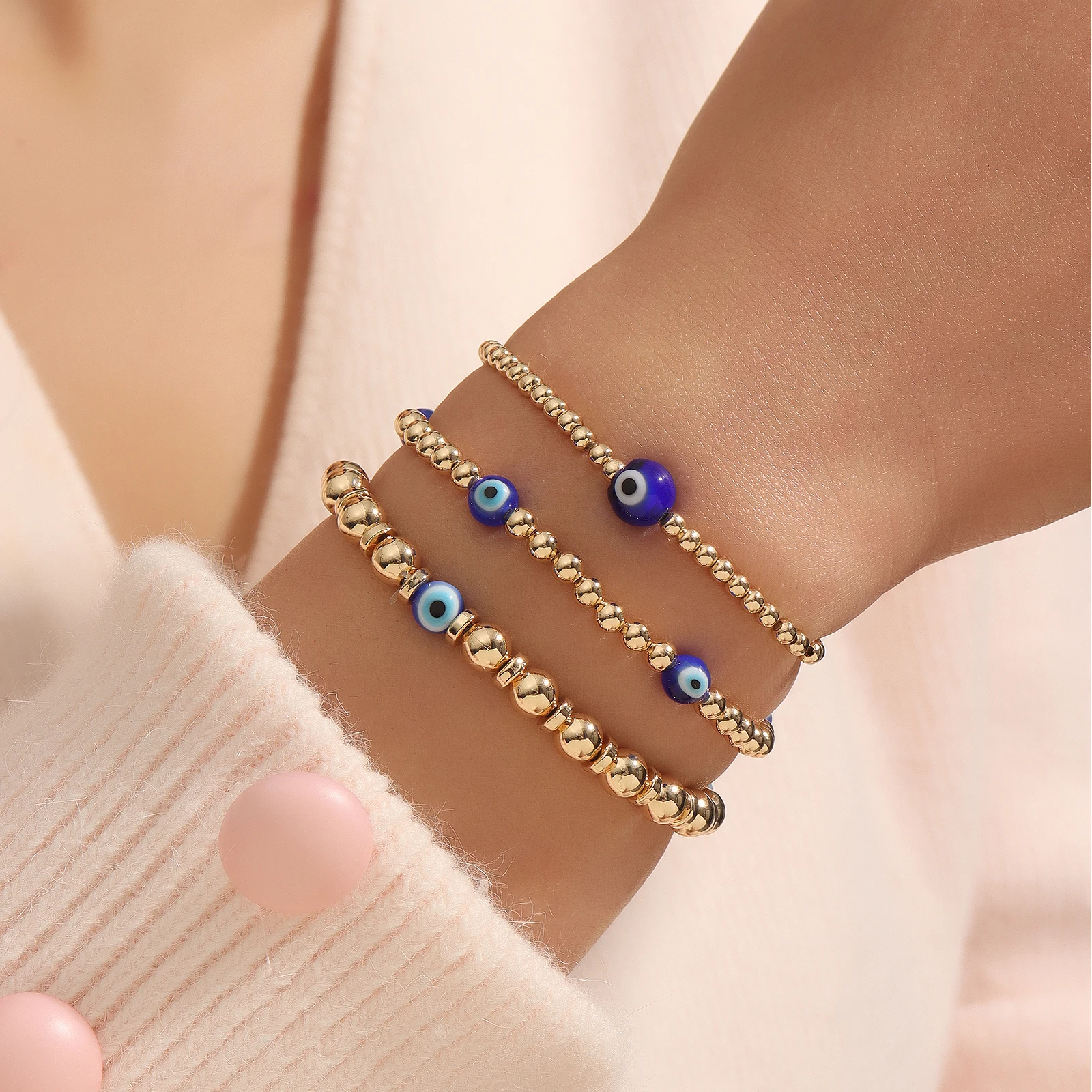 3Pcs Gold Plated Evil Eye Beaded Stretch Bracelet Set, Turkish Blue Eye Elastic Bead Stackable Bracelets, Boho Lucky Protection
