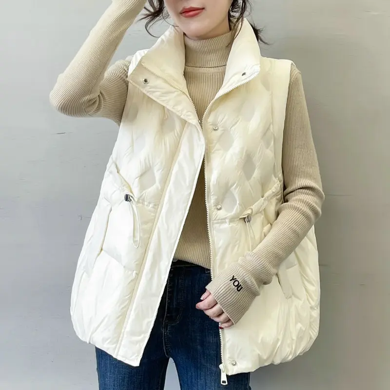 

Drawstring Oversize Down Waistcoat Coat Women Autumn Winter Warm Thick White Duck Down Vest Parkas Female Sleeveless Tank Jacket