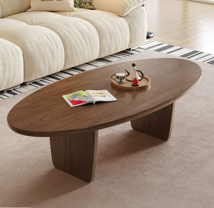 xx-Modern Nordic Style Small Apartment Solid Wood Coffee Table, Wabi-sabi Black Oval Small Tea Table, Long Coffee Table&