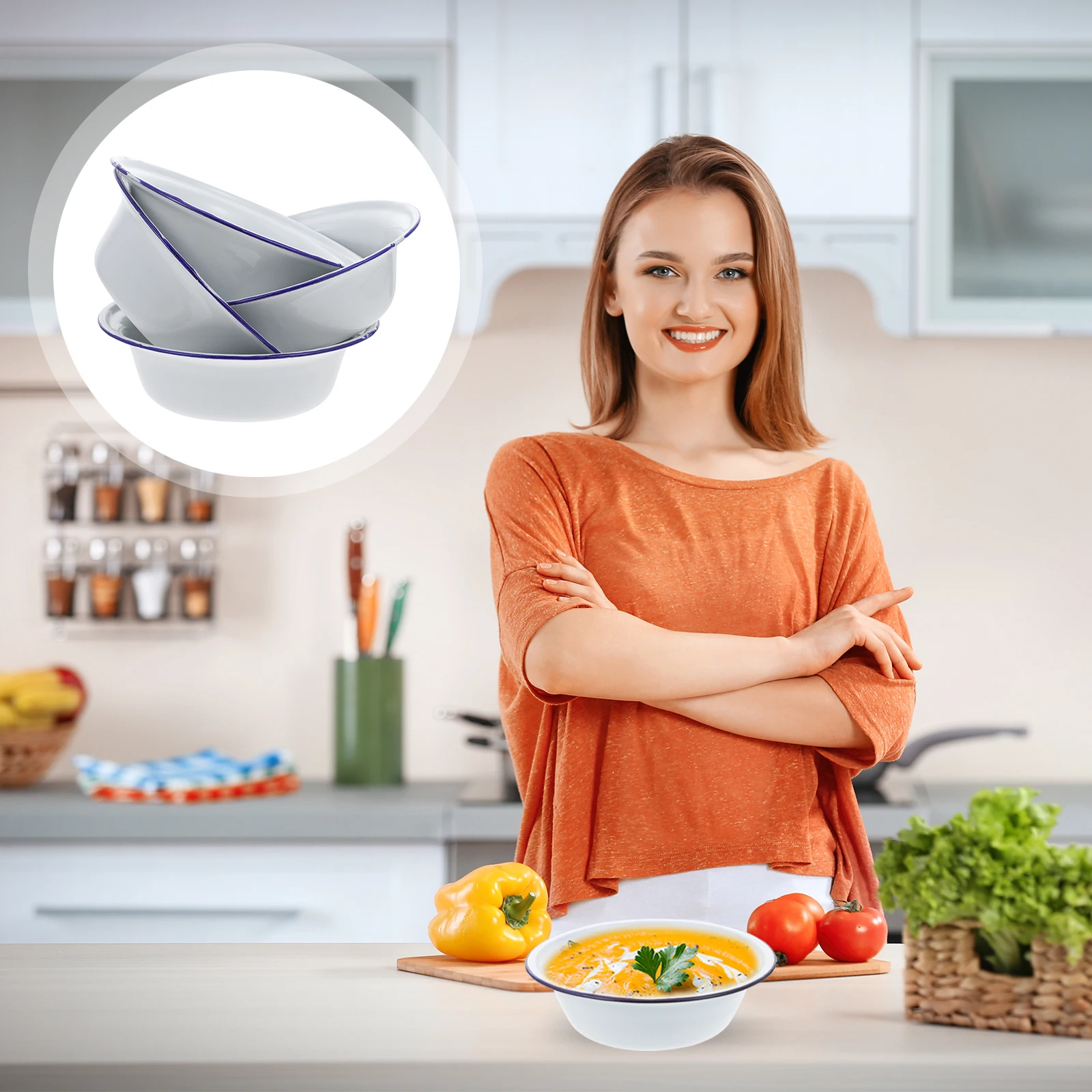 

4Pcs Enamel Soup Basins Household Practical Retro Kitchen Bowls for Salad Soup Enamel Bowl Simple Basin