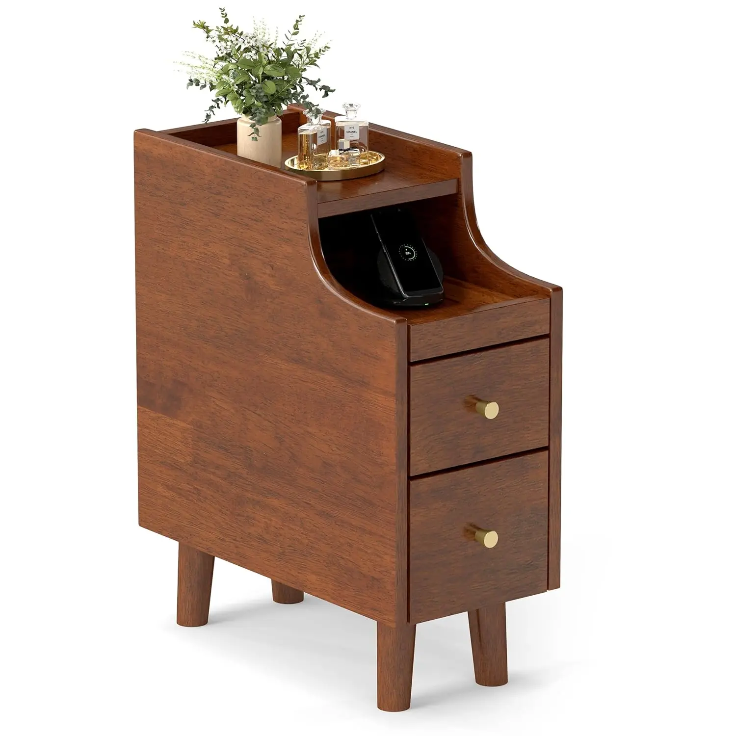 

Narrow Nightstand Solid Wood Bedside Table Pull-Out Tray 2 Storage Drawers Cable Management Small Spaces Bedroom, Customized