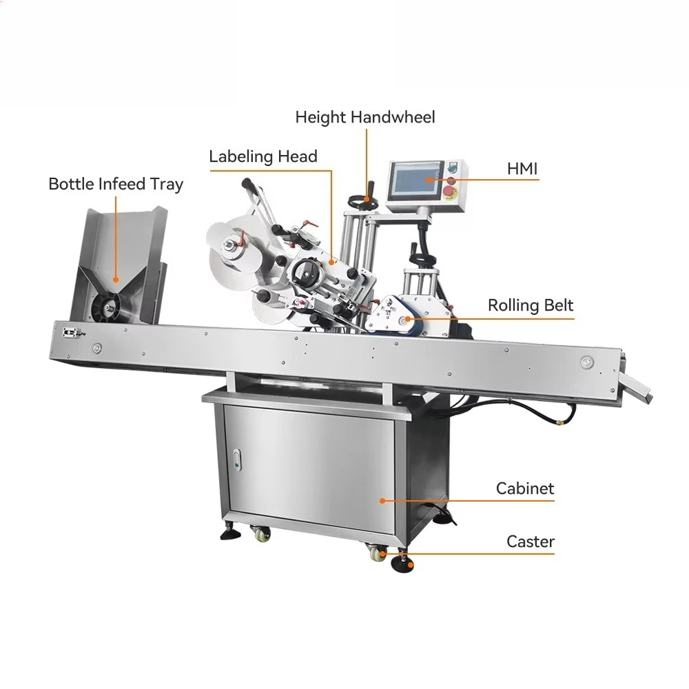 RICIO Factory CE Certified Conveyor Self Adhesive Label Applicator Horizontal Automatic Vial Labeling Machine for Chemical