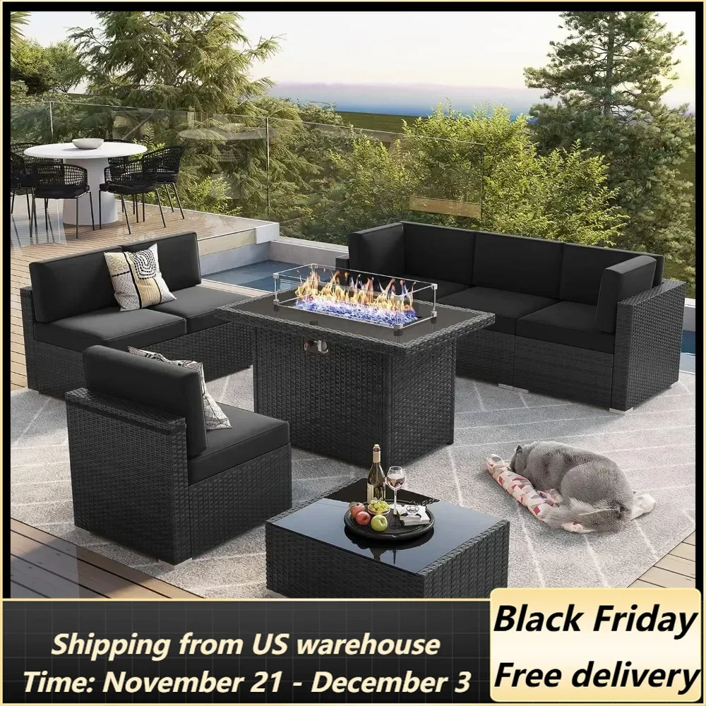 

Furniture Set with 44" Propane Gas Fire Pit Table, Outdoor Sectional Conversation Set Wicker Rattan Sofa Set with Coffee Table