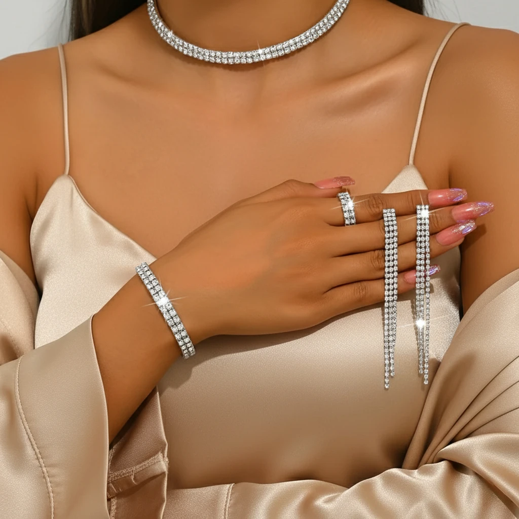 

5pcs Luxurious Rhinestone Jewelry Set for Women,Choker, Earrings, Stretch Bracelet & Ring for Weddings, Banquets & Parties