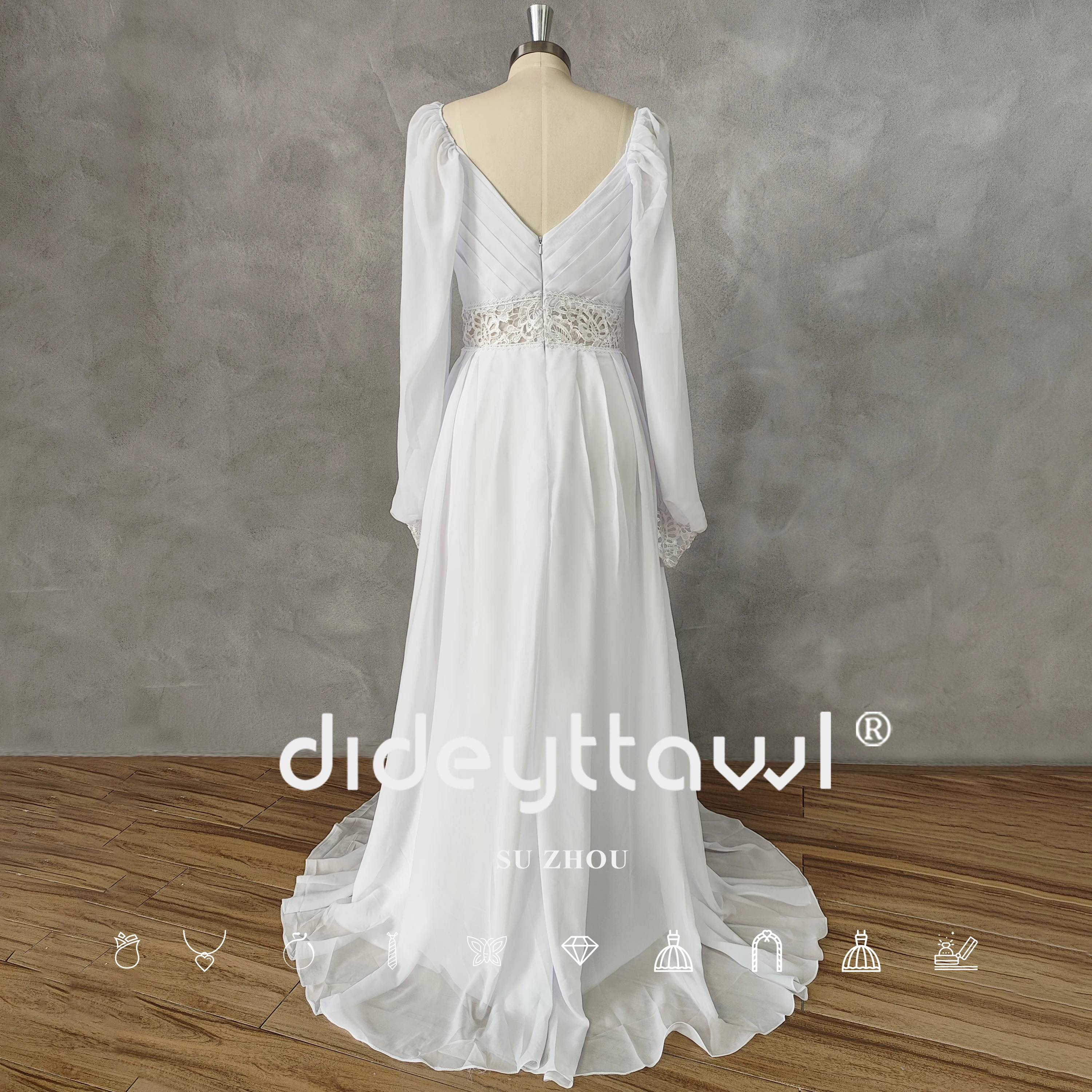 Dideyttawl echtes Bild Boho Langarm V-Ausschnitt Falten Brautkleid für Frauen Chiffon Reiß verschluss zurück Spitze Court Zug Brautkleid