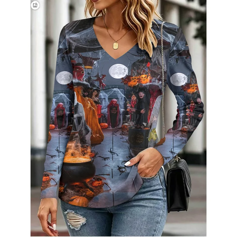 Halloween PrintVCollared long-sleeve women's clothingTShirt Skin-friendly breathable and versatile top
