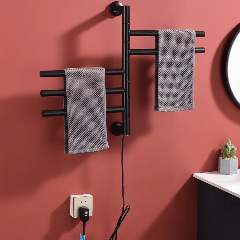 Black Electric Towel Rack for Bathroom Wall Mounted Heated Towel Warmer Storage Shelf Toilet Organizer Drying Hanger Home