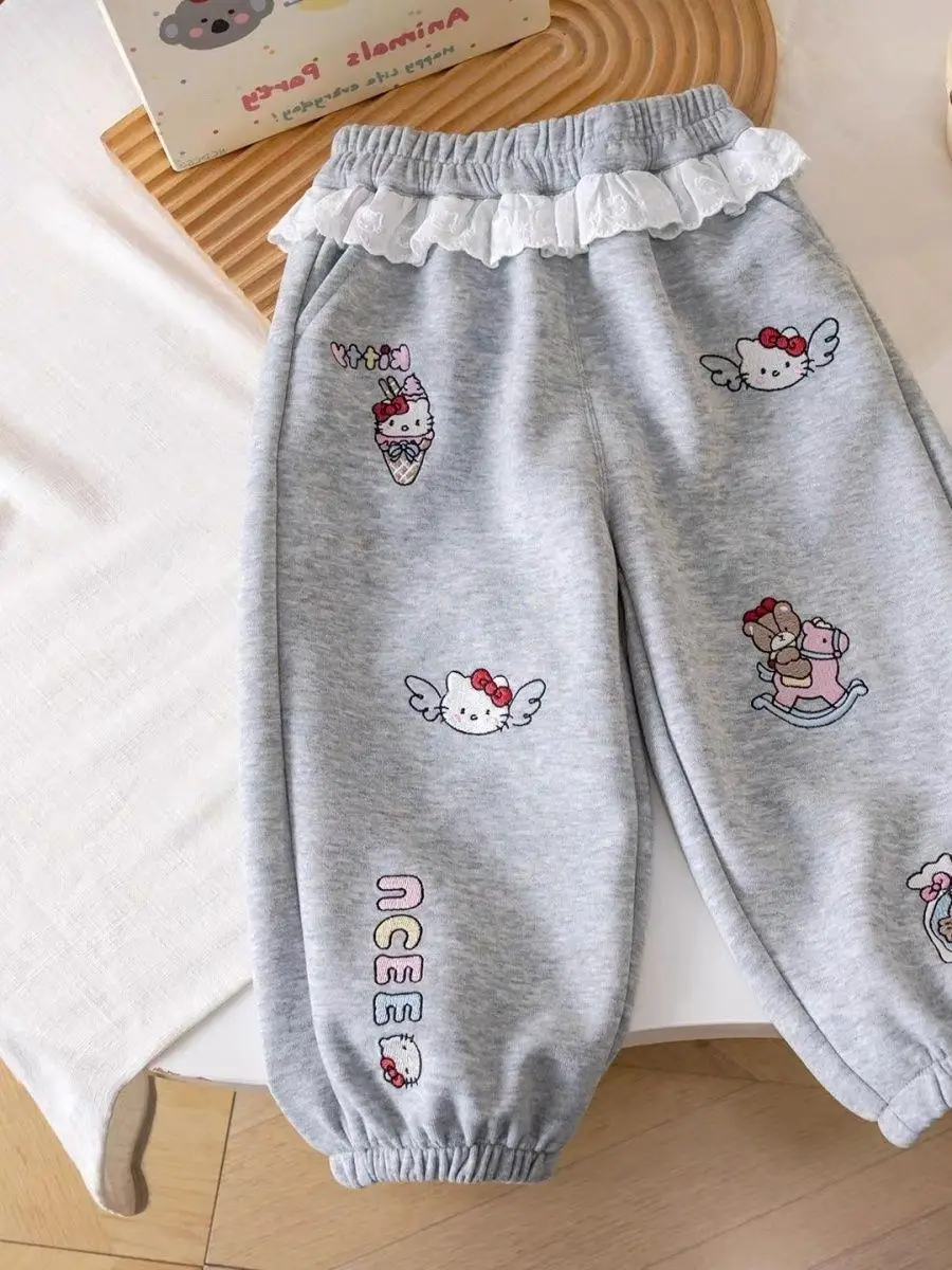 

Корейские брюки для девочек с мультяшным принтом KT, брюки-фонарики с кружевной отделкой, длинные брюки с застежкой-молнией, полиэстер