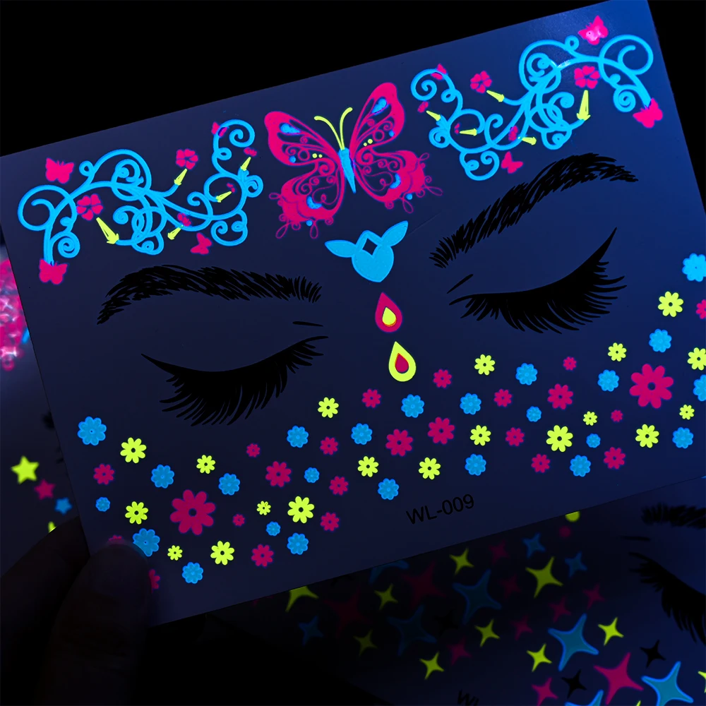 15X15CM Halloween Fluorescent Waterproof Face Tattoo Sticke Masquerade Neon Star/Butterfly/Flowers Decal 3D Glowing Face Tattoos