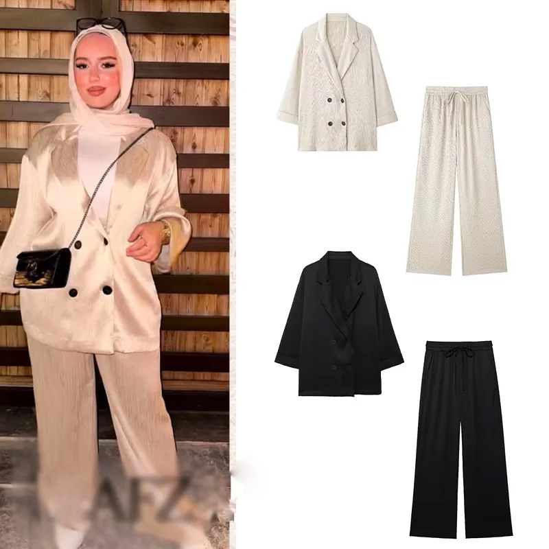 

2025 женский повседневный комплект брюк с высокой талией, широкие брюки + однотонные бежевые свободные двубортные рубашки из ледяного шелка, модные 2025 г.