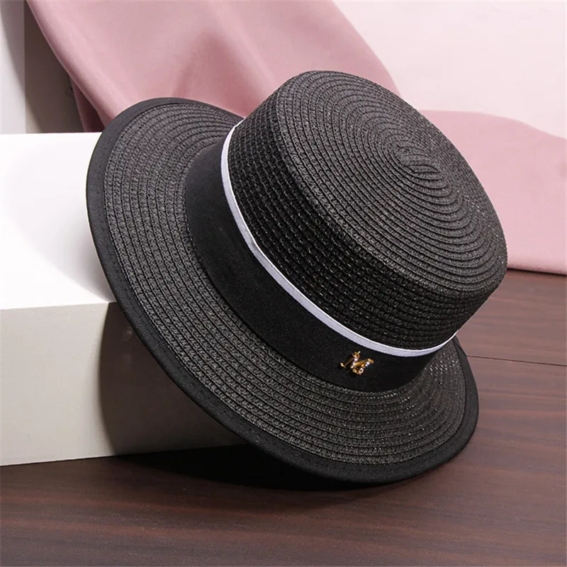 Outdoor sun hats M letter ribbon flat straw hat Summer adult women's casual beach sun protection cap Visor hat