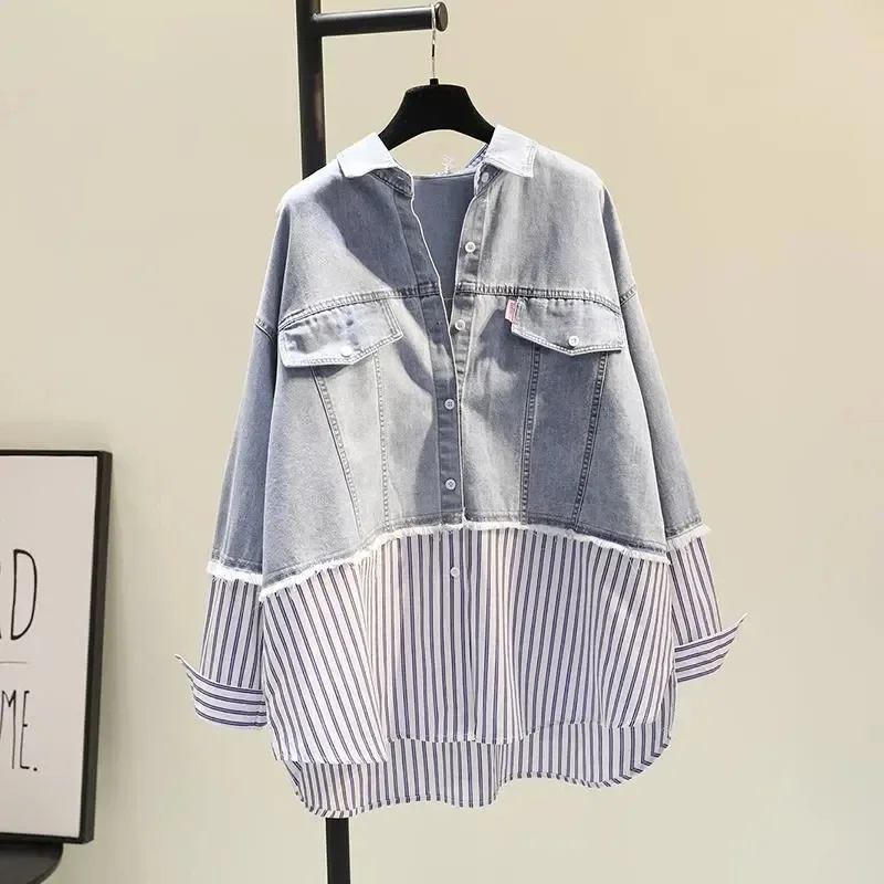 

Vertical Striped Denim Vintage Polo Collar Single Breasted Long Sleeve Women's Blouse Shirt Korean Fashion Female Clothing Z8