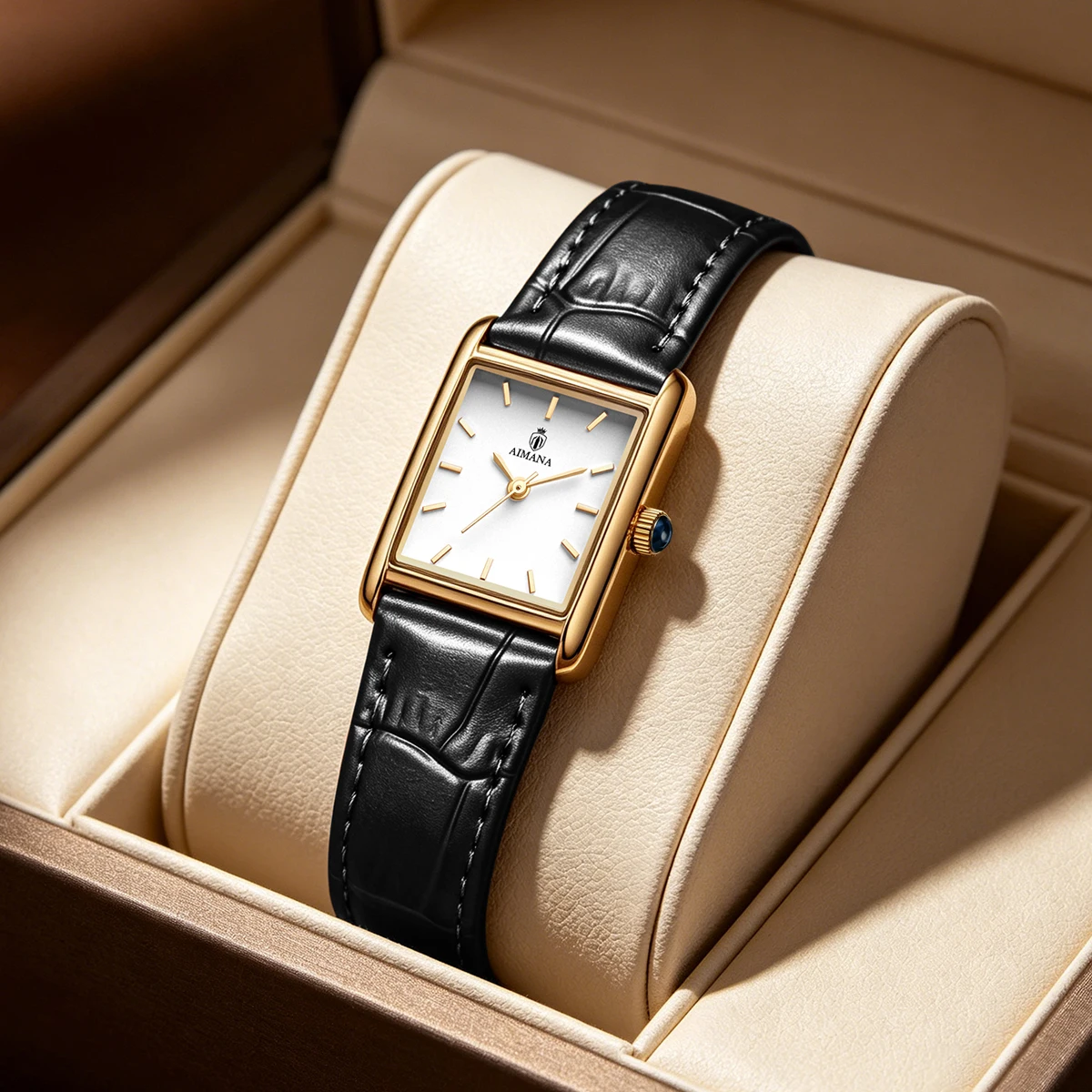 

Luxury AIMANA Ladies Rectangle Wristwatch Stainless Steel Case Waterproof Luminous Date Calendar Black Leather Strap Elegant Wom