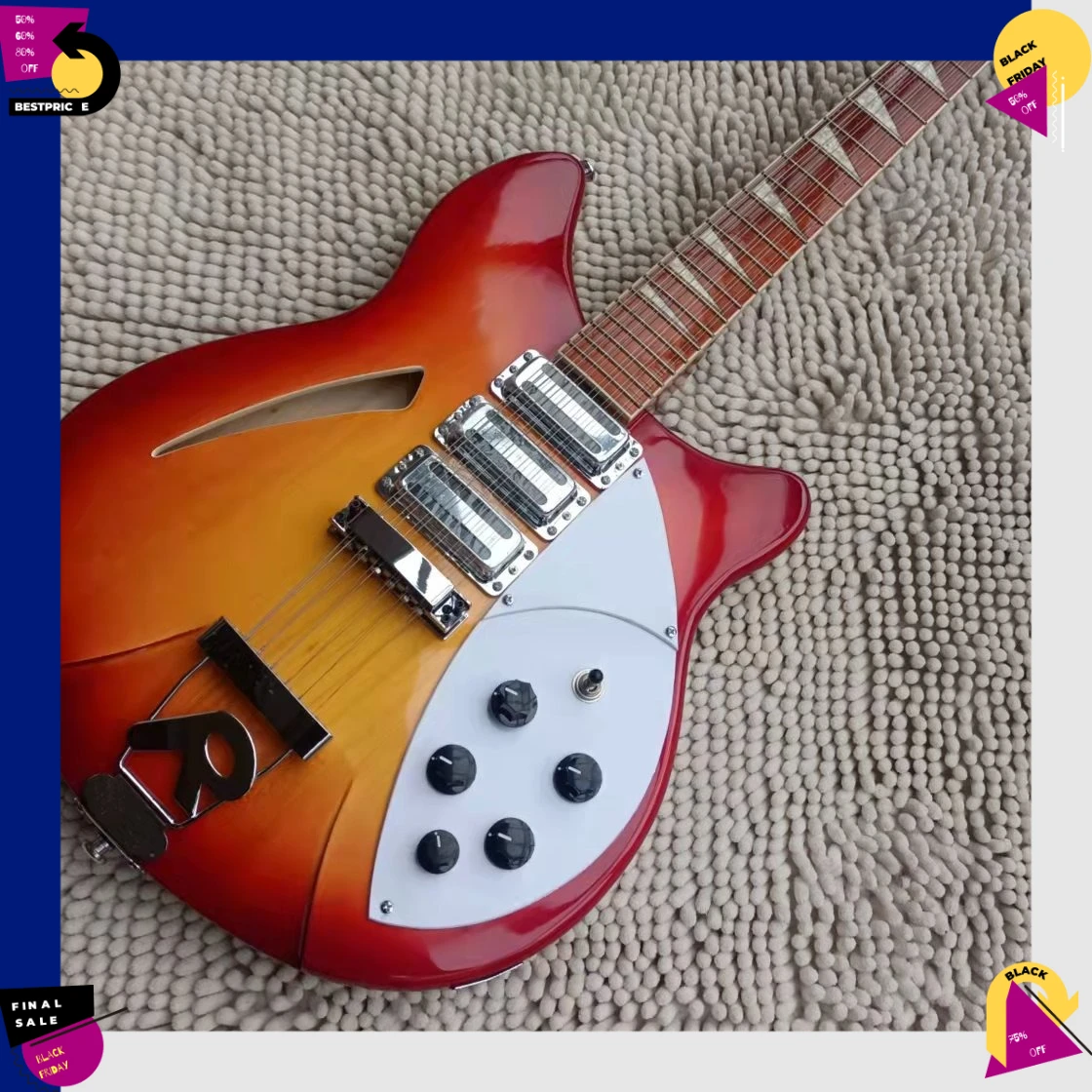 Electric Guitar 12-String Hollow Thin Body Slanted F-Hole White Crescent Pickguard R-Style Tailpiece Shark Fin Inlays