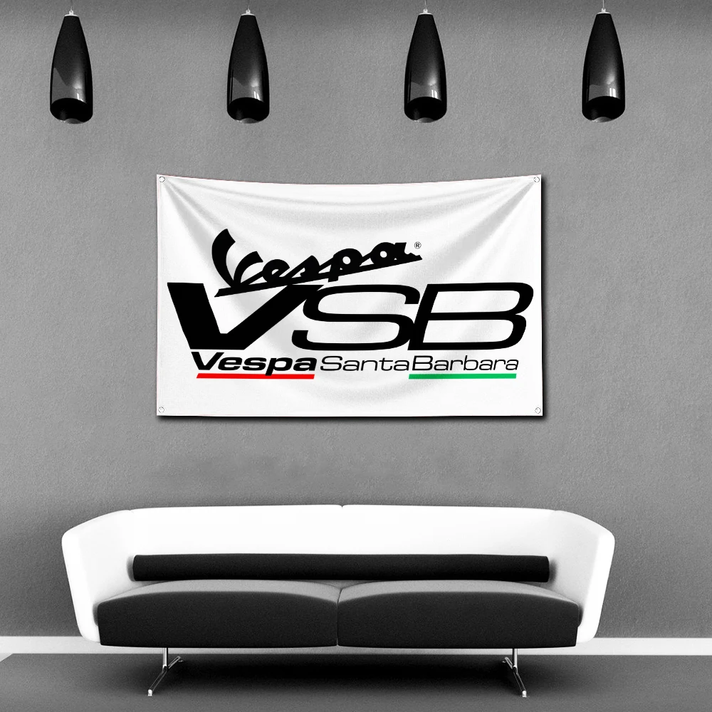 Italy Vespa Scooter Flag Polyester Digital Printing Banner 4 Sizes for Garage Wall Art Out Door Decoration With Brass Grommets