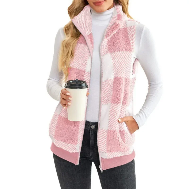 Autumn and winter women\'s waistcoat new plaid comfortable velvet cardigan vest stand collar sleeveless coat women\'s clothing