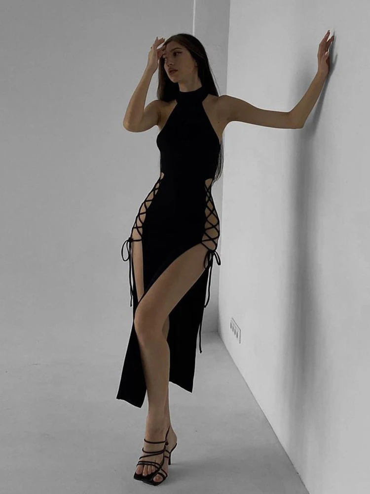 Hohe Split Sexy Verband Frauen Kleider Y2K Mall Gothic Halter Schlank Midi Kleid Schwarz Grunge Stil Alt party