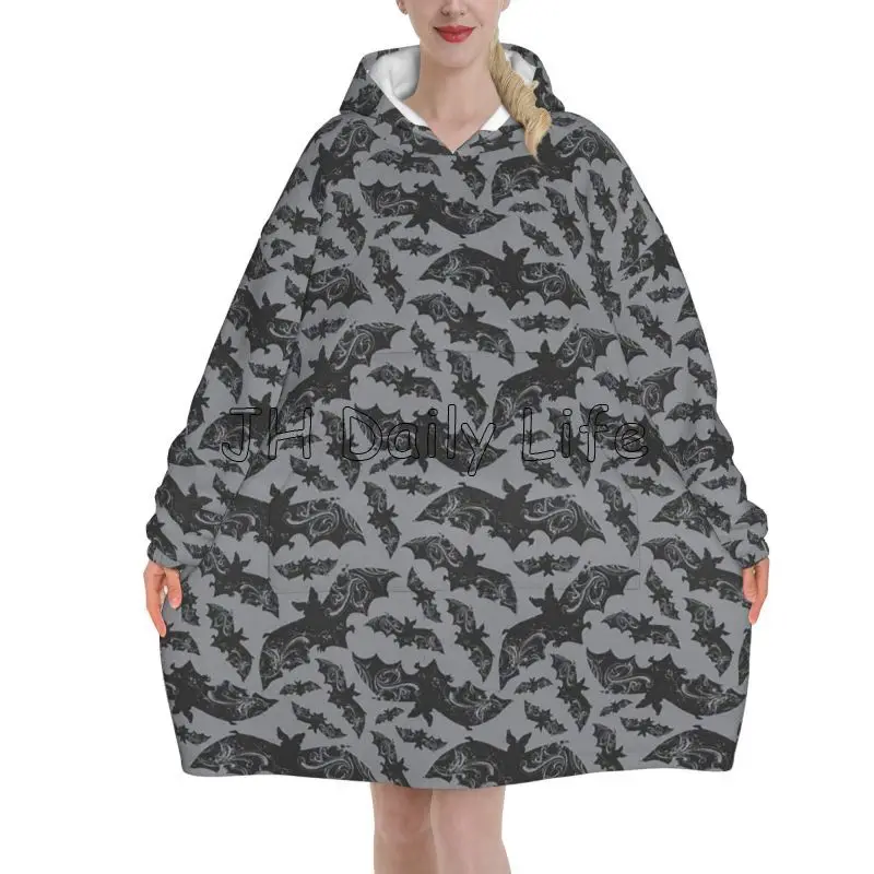 Goth Halloween Bats Wearable Blanket Hoodie Women Oversized Flannel Pullover Sweatshirt Warm Fleece Sherpa Blanket with Pockets