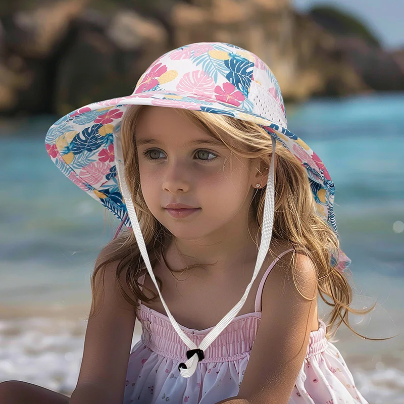 2024 Summer Baby Hat with Shawl Quick-Drying Print Sun Cap for Boys Girls Fisherman Hats Children Beach Travel Kids Accessories