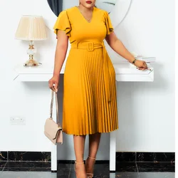 New Fashion Solid Color High Waist Midi Dress Woman Commuter African Pleated Dresses Ladies Plus Size Pleated Dress