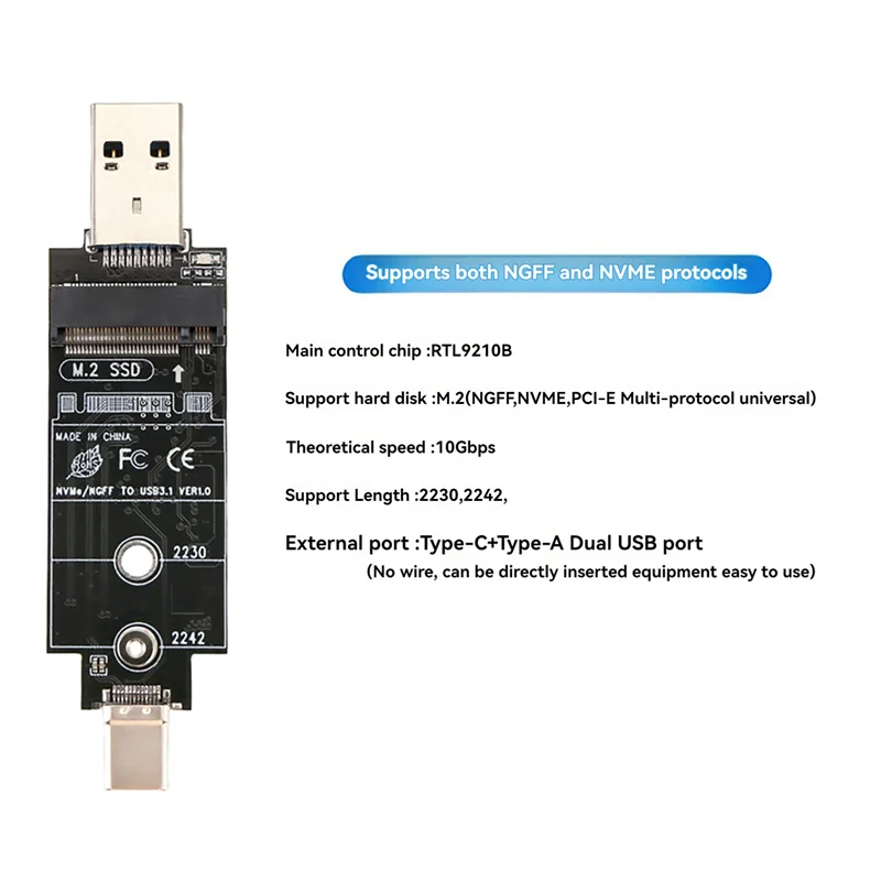 

SR-Dual Protocol Type-C Type-A M.2 NVME Pcie NGFF USB3.1 GEN2 10 Гбит/с M2 SSD Корпус-адаптер Поддержка карт памяти 2230/2242 SSD