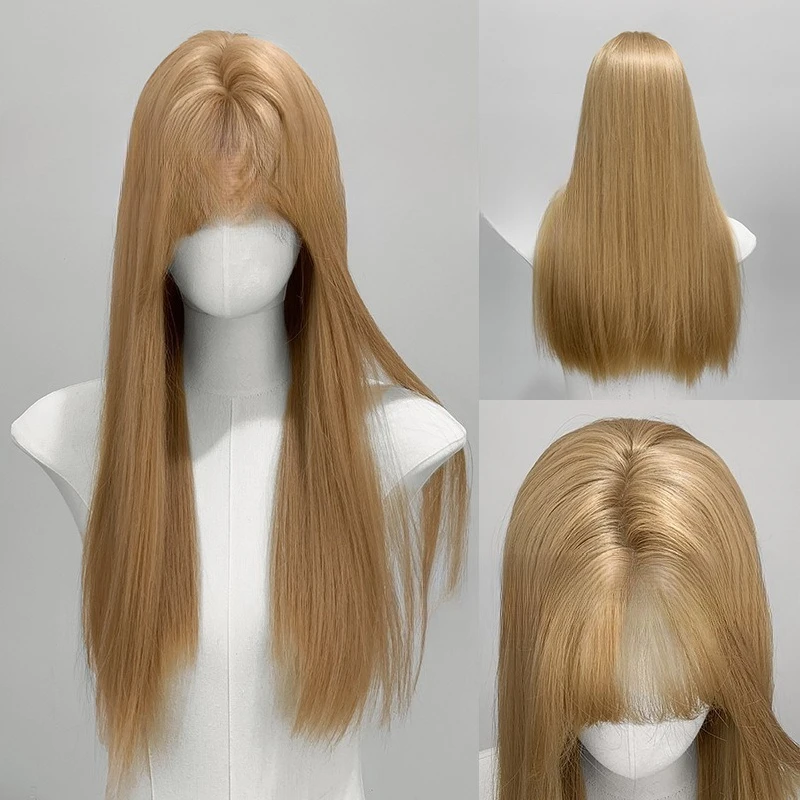 

Wig female long hair milk tea gold straight hair daily fashion simulation realistic cute full headgear