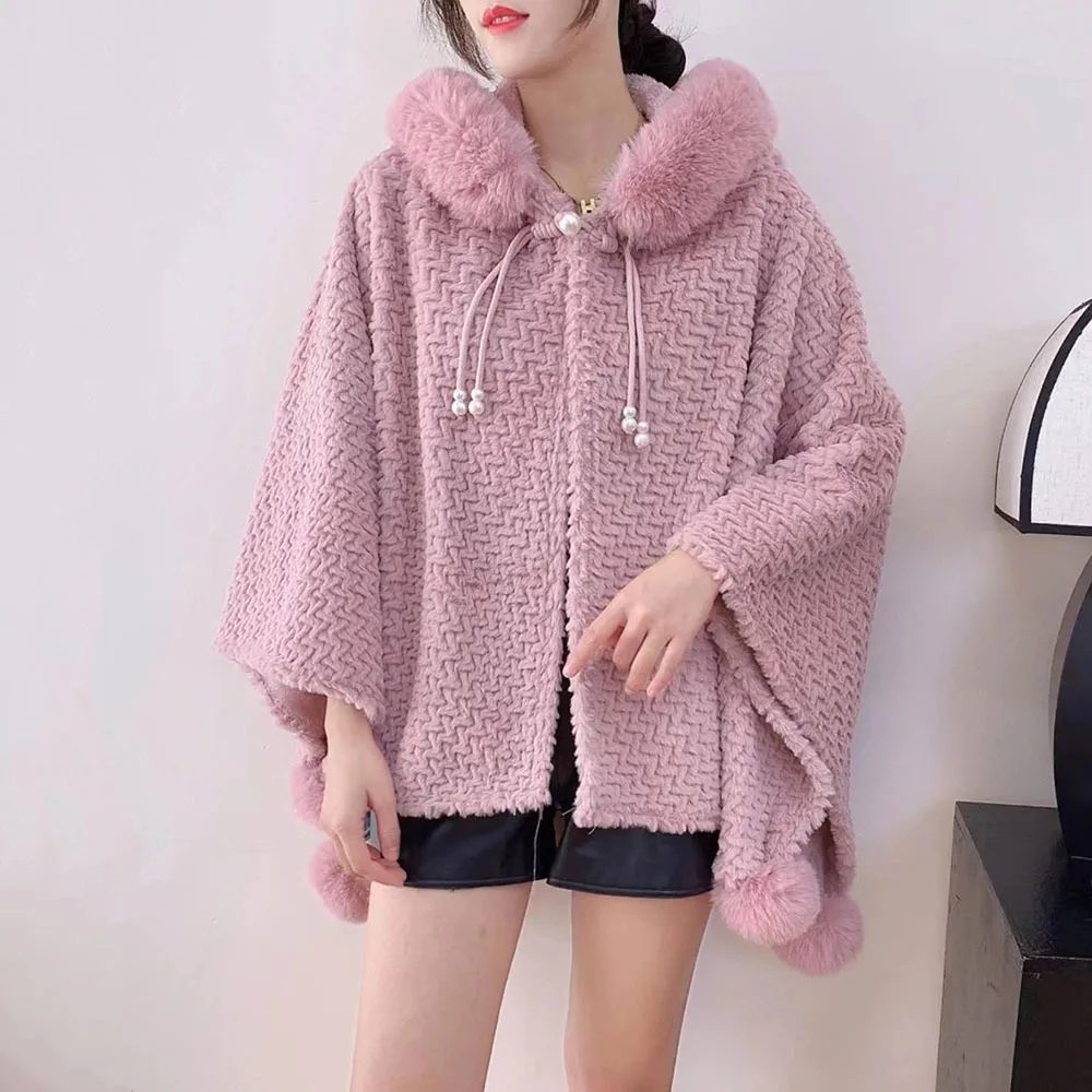 3 Colors Winter Knitted Poncho Cape Women Loose Hooded Cloak Women Faux Rabbit Fur Collar Big Pendulum Poncho Coat Ladies Shawls