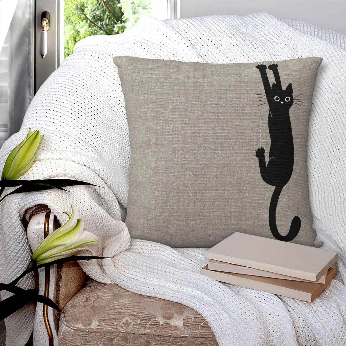 

Black Cat Holding On Square Pillowcase Pillow Cover Polyester Cushion Decor Comfort Throw Pillow for Home Car