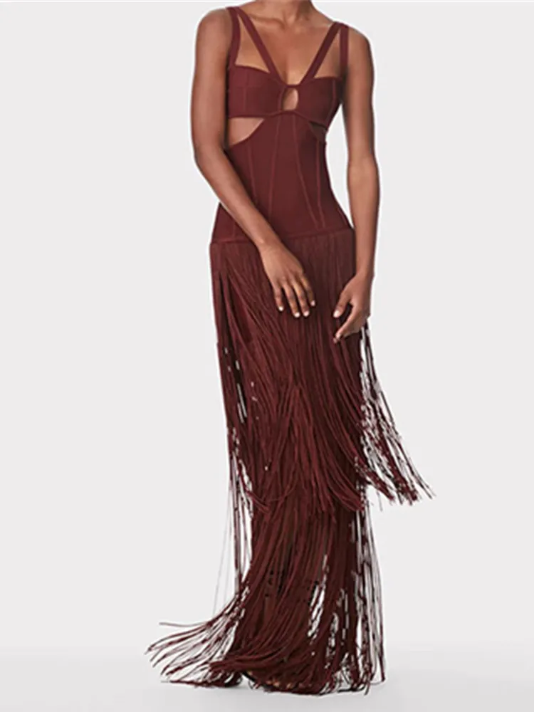 Vestido sexy con cuello en V y borlas marrones para mujer, vestido largo ajustado con vendaje, elegante vestido de fiesta para discoteca de noche 2025