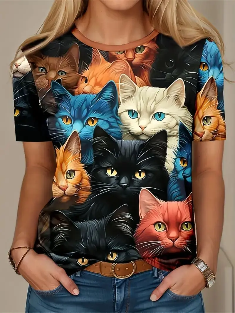 Women's T Shirt Animal Cat 3d Print Summer Short Sleeve Tee Cute Girl Streetwear Female Oversized Clothing Pullover