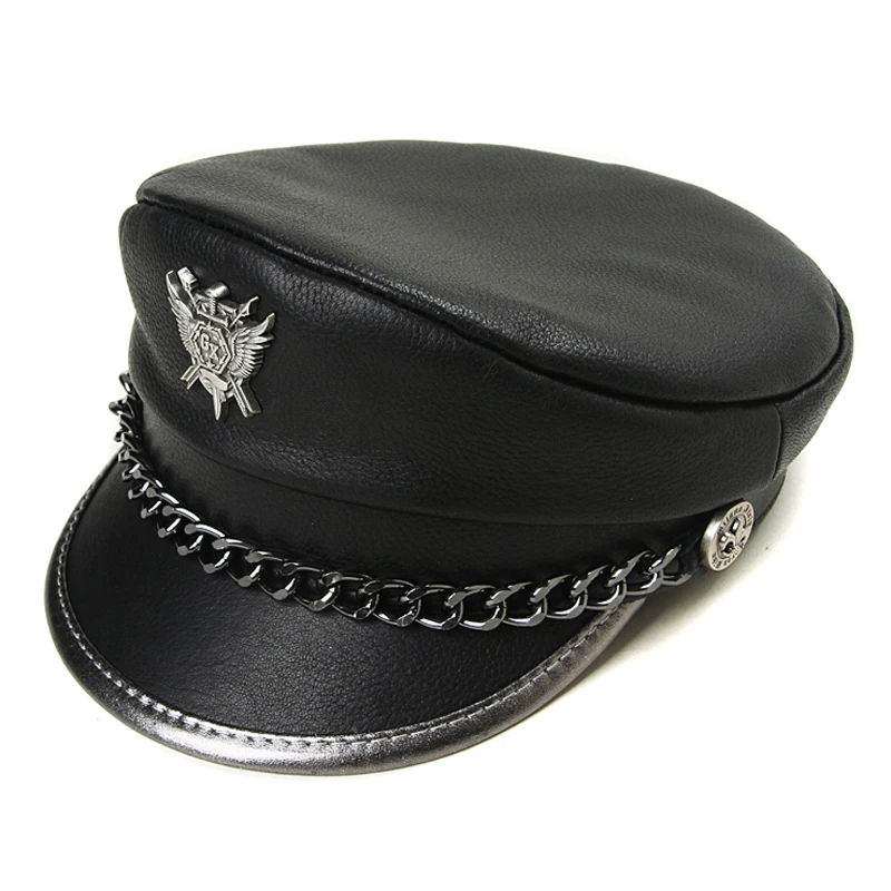 Novelty Winter Men‘s Genuine Leather Hat Male Flat Top Badge Locomotive Retro Military Caps Students Punk Cortical Chain Gorra